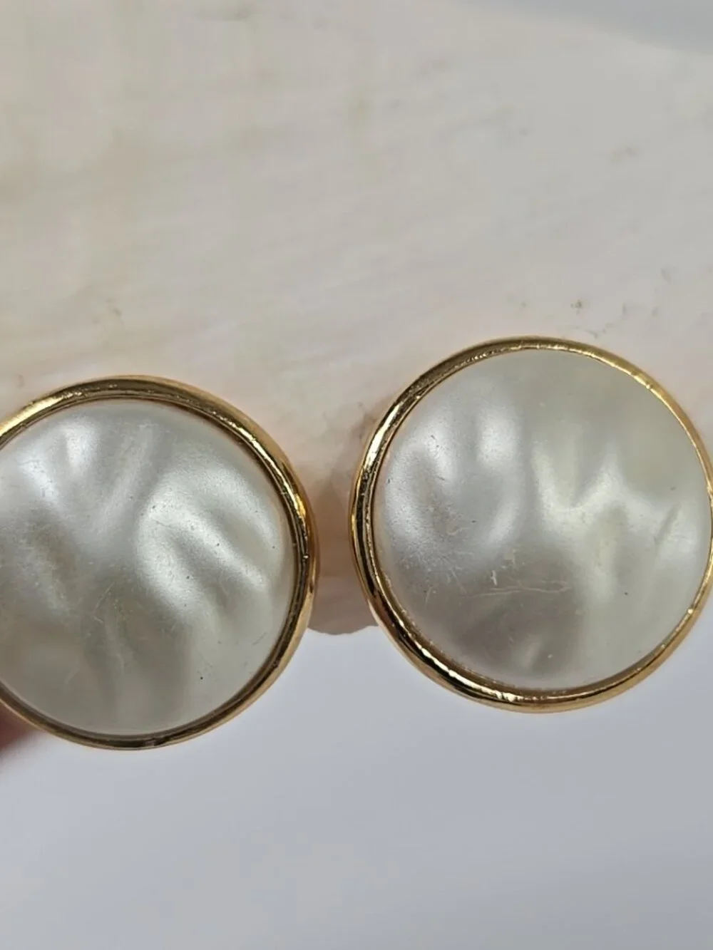 VINTAGE Trifari Gold Tone Faux Pearl Clip‑On Earrings Round Classic Signed......
